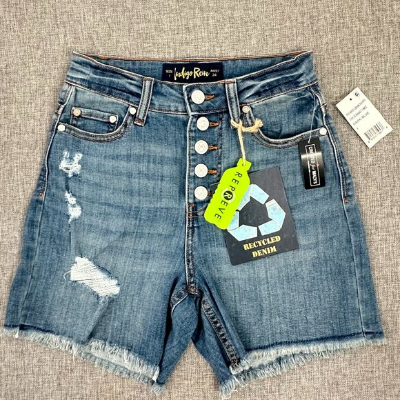 Indigo Rein Pants - NEW! Indigo Rein Button Down Shorts Size 1/ 24 Waist Cut Offs Distressed Jeans